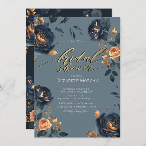 Elegant Navy Blue Gold Flowers Bridal Shower  Invitation