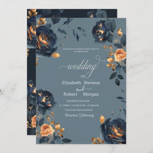 Elegant Navy Blue Gold Flowers Wedding Invitation