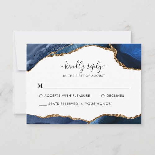 Elegant Navy Blue Gold Foil Agate Gemstone Wedding RSVP Card