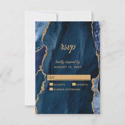 Elegant Navy Blue Gold Foil Agate Wedding RSVP Card