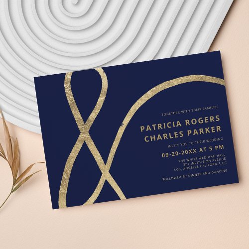 Elegant navy blue gold foil ampersand chic wedding invitation