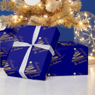Elegant Navy Blue Gold Foil Christmas Tree Wrapping Paper