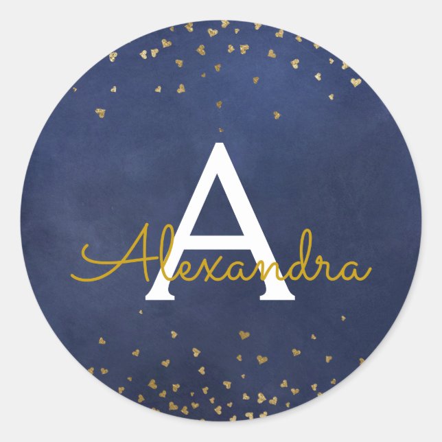Elegant Navy Blue - Gold Foil Confetti Monogram Classic Round Sticker (Front)
