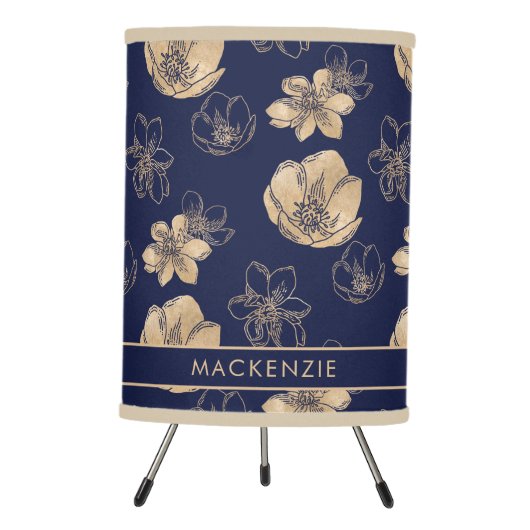Elegant Navy Blue Gold Foil Floral Pattern Tripod Lamp (Front)