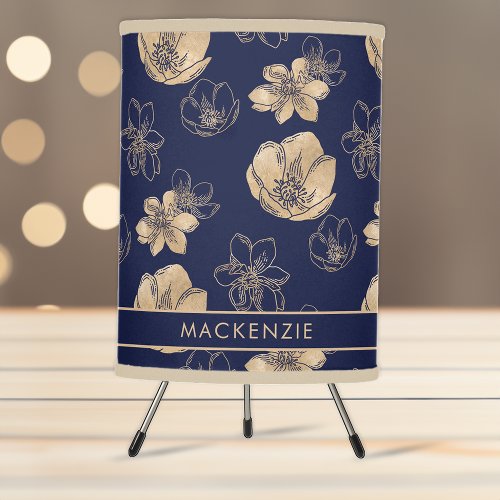 Elegant Navy Blue Gold Foil Floral Pattern Tripod Lamp