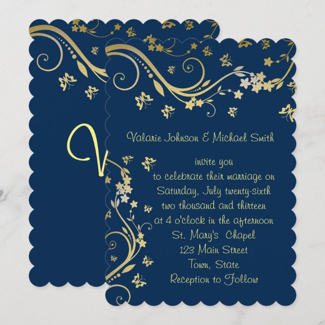 Elegant, Navy Blue, Gold Foil, Wedding Invitation (Front/Back)