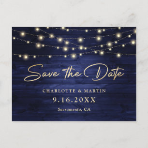 Elegant Navy Blue Gold Foil Wood Save The Date Announcement Postcard