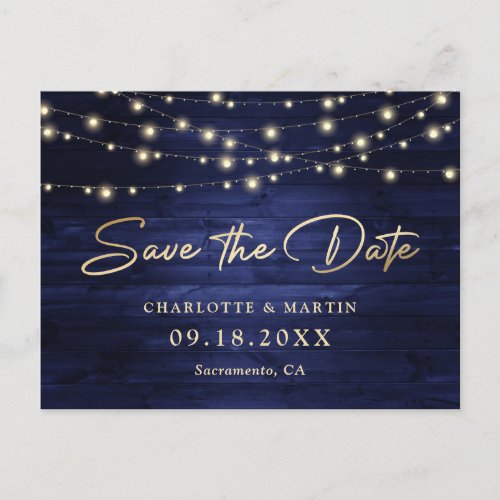 Elegant Navy Blue Gold Foil Wood Save The Date Announcement Postcard