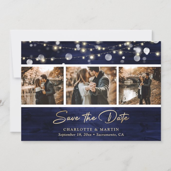 Elegant Navy Blue Gold Foil Wood Wedding Photo