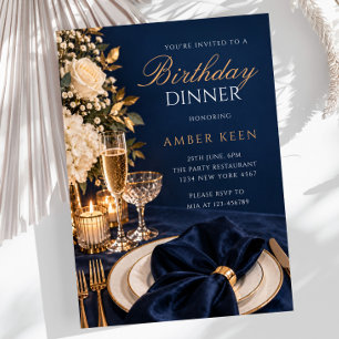 Elegant Navy Blue Gold Formal Birthday Dinner Invitation