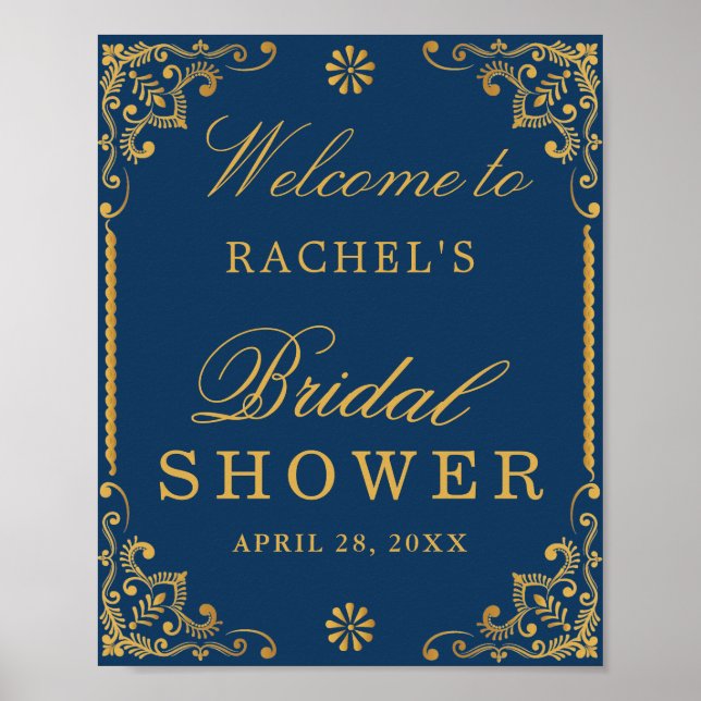 Elegant Navy Blue Gold Frame Bridal Shower Sign (Front)