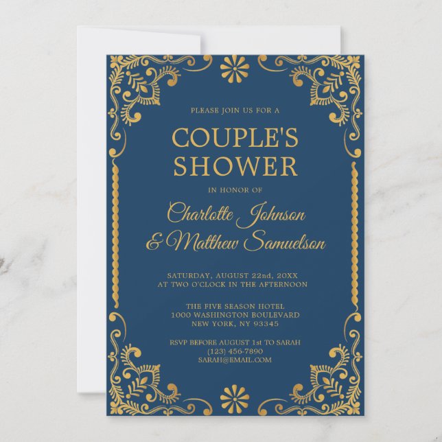 Elegant Navy Blue Gold Frame Engagement Party Invitation (Front)