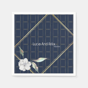Elegant Navy Blue Gold Frame Mini Floral Wedding Napkins