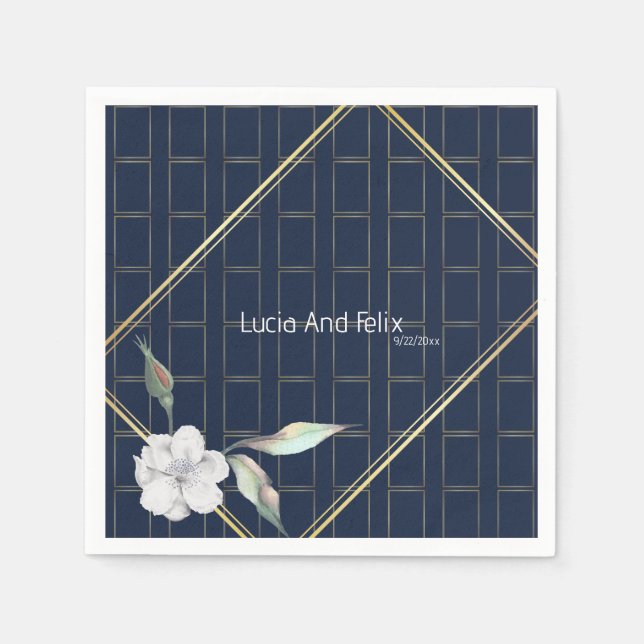 Elegant Navy Blue Gold Frame Mini Floral Wedding Napkins (Front)