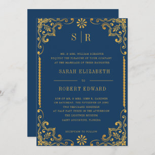 Elegant Navy Blue Gold Frame Rehearsal Dinner Invitation