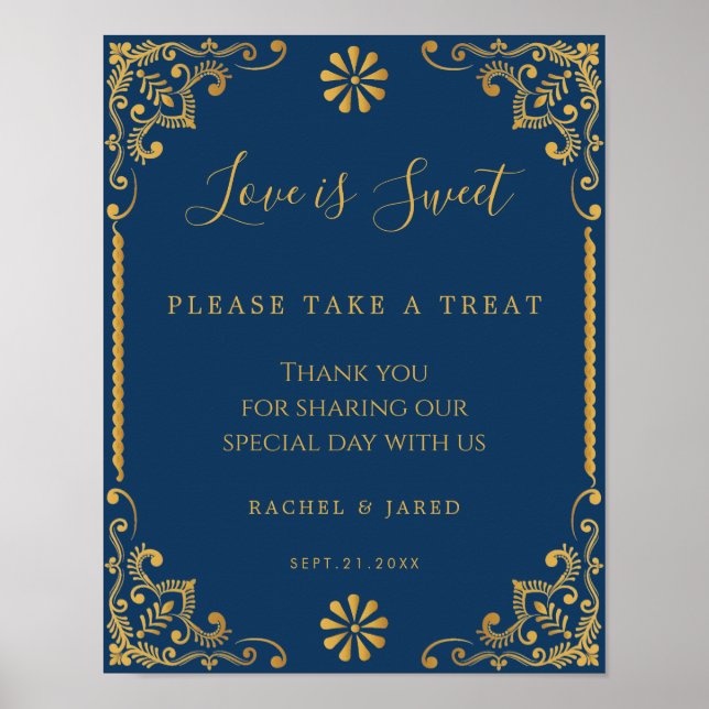 Elegant Navy Blue Gold Frame Wedding Favors Sign (Front)