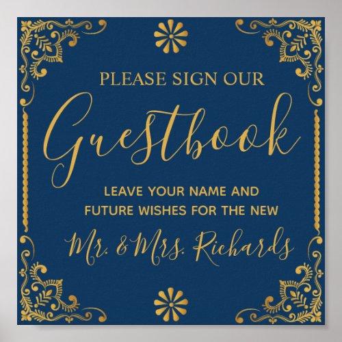 Elegant Navy Blue Gold Frame Wedding Guestbook