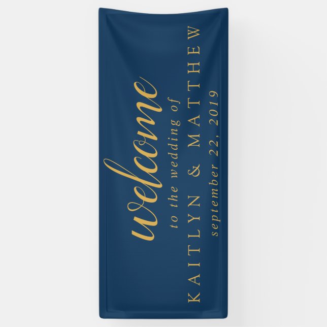 Elegant Navy Blue Gold Frame Wedding Party Banner (Vertical)