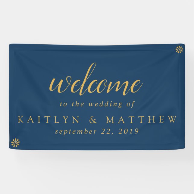 Elegant Navy Blue Gold Frame Wedding Party Banner (Horizontal)