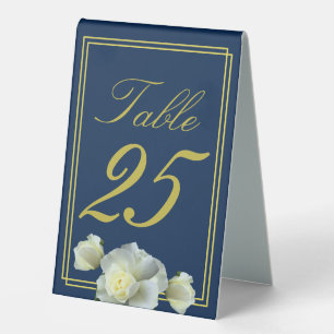 Elegant Navy Blue Gold Frame White Rose  Table Tent