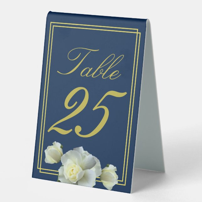 Elegant Navy Blue Gold Frame White Rose  Table Tent (Front)
