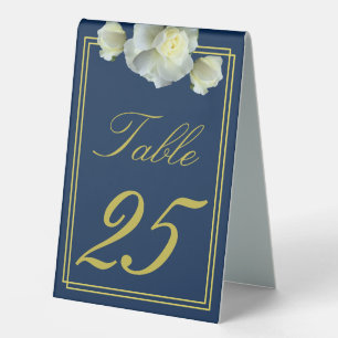 Elegant Navy Blue Gold Frame White Rose Table Tent
