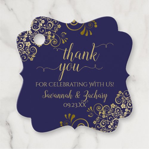 Elegant Navy Blue & Gold Frilly Wedding Thank You Favor Tags