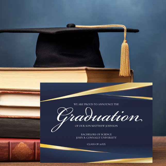 Elegant Navy Blue Gold Geometric Formal Graduation Announcement (Creator Uploaded)