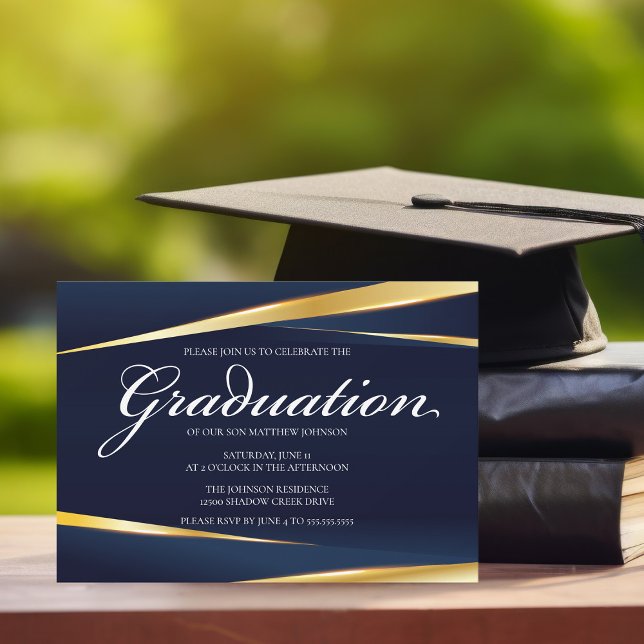 Elegant Navy Blue Gold Geometric Formal Graduation Invitation (Creator Uploaded)