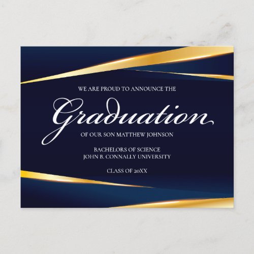 Elegant Navy Blue Gold Geometric Formal Graduation Postcard