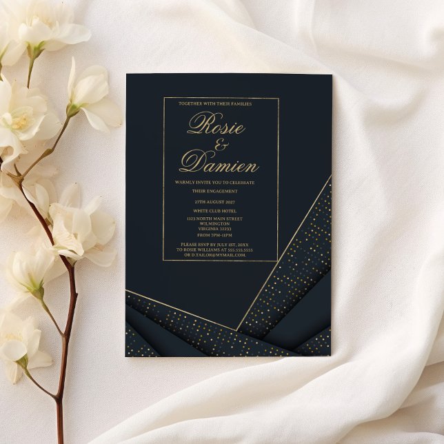 Elegant navy blue gold geometrical Engagement Invi Invitation (Elegant navy blue gold geometrical Engagement)