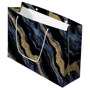 Elegant Navy Blue & Gold Glitter Agate Birthday Large Gift Bag