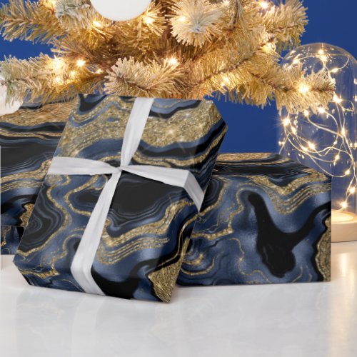 Elegant Navy Blue  Gold Glitter Agate Birthday Wrapping Paper
