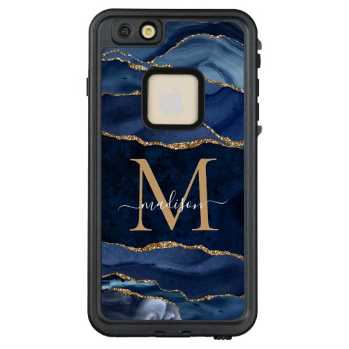 Elegant Navy Blue Gold Glitter Agate Monogram LifeProof FRĒ iPhone 66s Plus Case