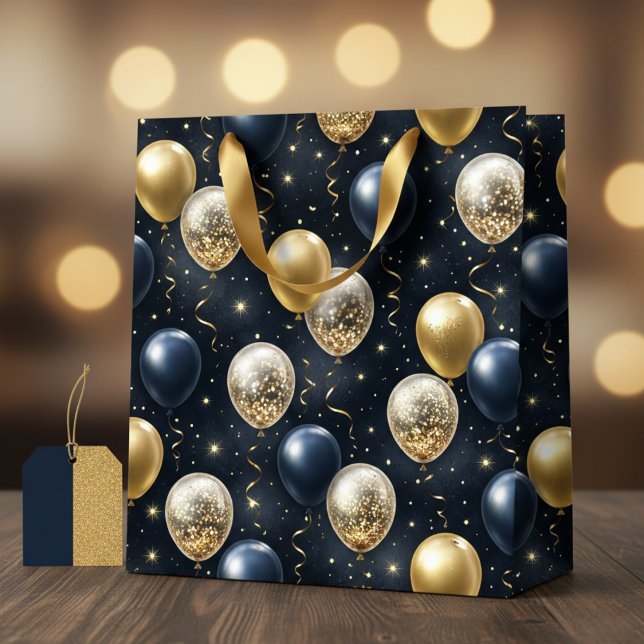 Elegant Navy Blue & Gold Glitter Balloons  Medium Gift Bag (Creator Uploaded)