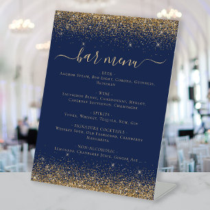 Elegant Navy Blue Gold Glitter Bar Menu Pedestal Sign