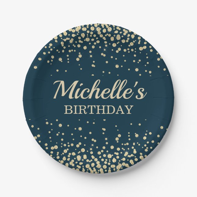 Elegant Navy Blue Gold Glitter Birthday Party Paper Plates (Front)