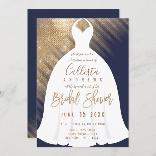Elegant Navy Blue Gold Glitter Dress Bridal Shower Invitation