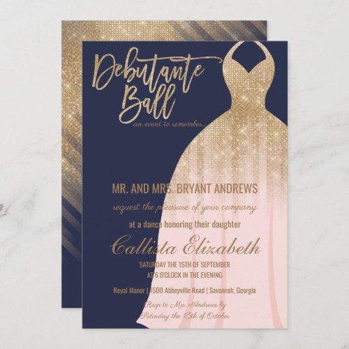 Elegant Navy Blue Gold Glitter Dress Debutante Invitation