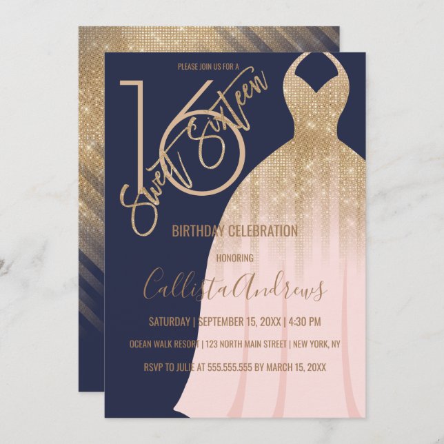 Elegant Navy Blue Gold Glitter Dress Sweet 16 Invitation (Front/Back)
