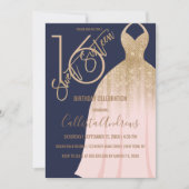 Elegant Navy Blue Gold Glitter Dress Sweet 16 Invitation (Front)