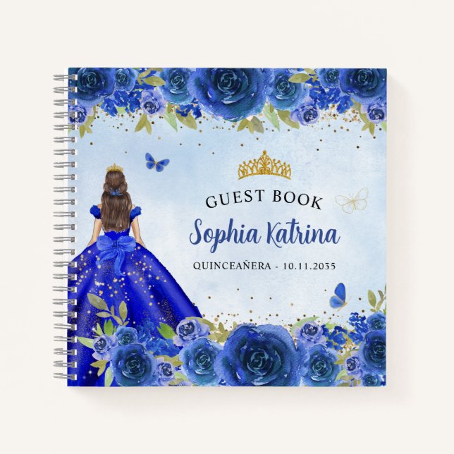 Elegant Navy Blue Gold Glitter Floral Quinceañera Notebook (Front)