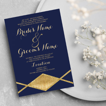 Elegant Navy Blue Gold Glitter Geometric Wedding Invitation by kicksdesign at Zazzle