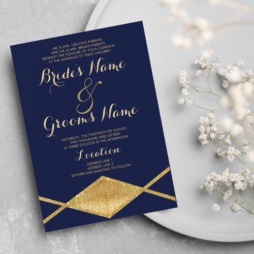 Elegant navy blue gold glitter geometric Wedding Invitation