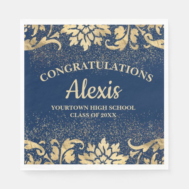 Elegant Navy Blue Gold Glitter Graduation Party Napkins (Front)