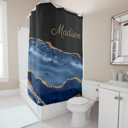 Elegant Navy Blue Gold Glitter Marble Agate Showe Shower Curtain
