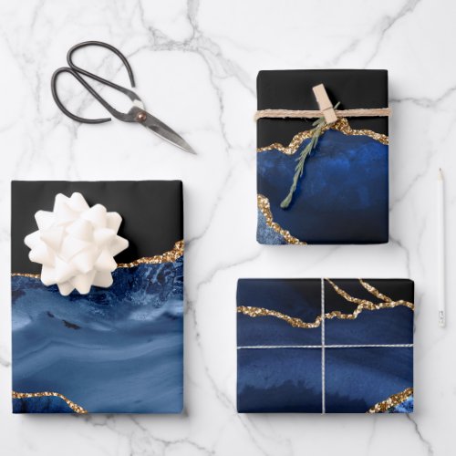 Elegant Navy Blue Gold Glitter Marble Agate Wrapping Paper Sheets