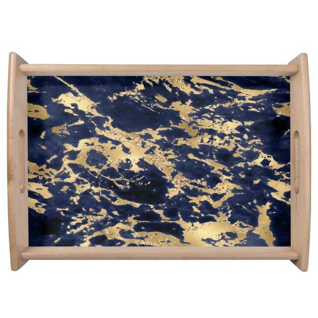 Elegant Navy Blue Gold Glitter Marble Pattern Serving Tray (Front)
