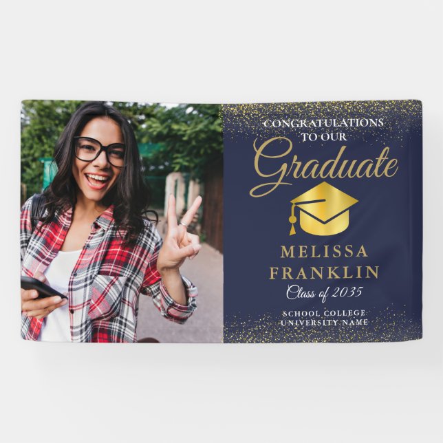 Elegant Navy Blue Gold Glitter Photo Graduation  Banner (Horizontal)