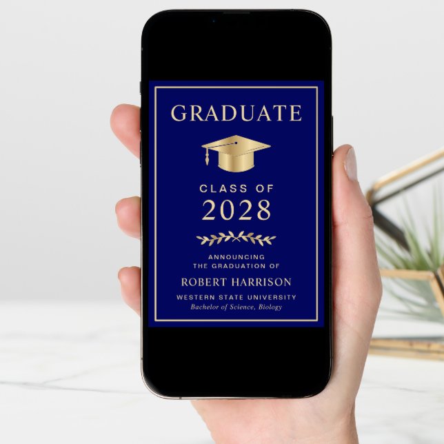 Elegant Navy Blue Gold Graduation Announcement (Front Digital)